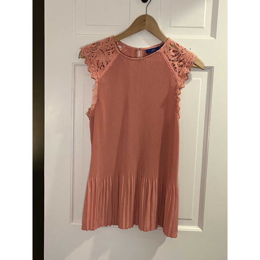 Apt. 9 Women's Pink Solid Round Neck Sleeveless Pleated Crochet Blouse L